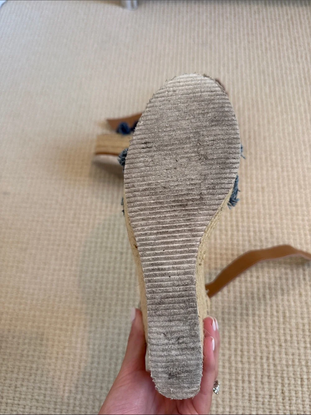 See by Chloé Denim Fringe Espadrille Wedges with Tan Ankle Strap